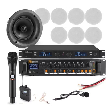 Profesjonalny system głośników sufitowych 8 x 5.25" FCS5 z wzmacniaczem 4 strefowym oraz system mikrofonów bezprzewodowych