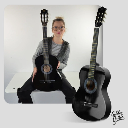 Zestaw: Gitara klasyczna 4/4 38 kolor czarny GK38CZ Golden Guitar+ pokrowiec+ tuner+ struny+ kostki
