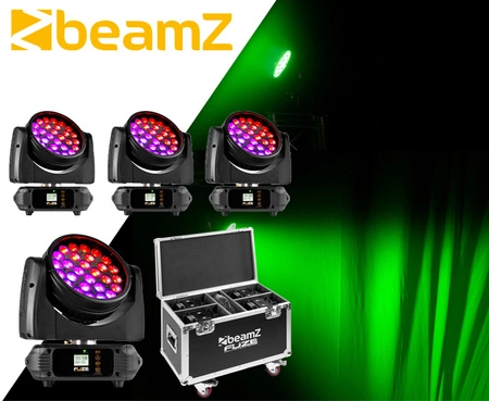 Zestaw: 4x Głowa ruchoma Fuze2812 RGBWA-UV zoom DMX Beamz + case