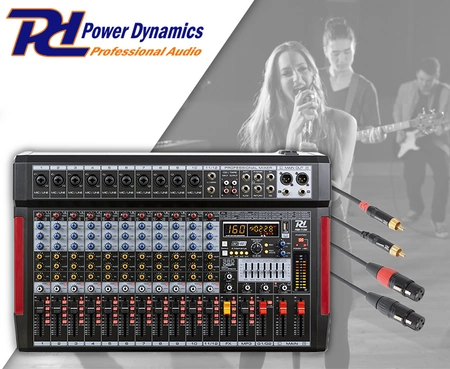Mikser sceniczny 12-kanałowy DSP MP3 PDM-T1204 Power Dynamics + kabel 2x XLR -2x RCA 3.0m