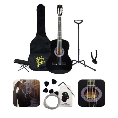 Zestaw: Gitara klasyczna 4/4 38" kolor czarny Golden Guitar+ akcesoria+ 2x statyw+ podnóżek gitarowy