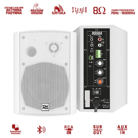 Kompletny nagłośnieniowy zestaw multimedialny 100W BT 2szt DS50AW biały Power Dynamics