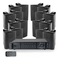 Zestaw czarnych głośników naściennych 16x 4'' ze wzmacniaczem 6 strefowym