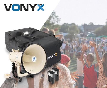 Vonyx MEG120 – Kompletny zestaw megafonu z torbą transportową i 2 akumulatorami litowo-jonowymi – beżowy megafon – 120W
