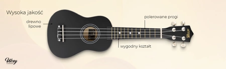 Zestaw: Ukulele sopranowe Max UKEY czarne+ tuner dwie kostki struny pokrowiec