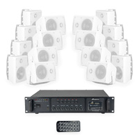 Zestaw białych głośników naściennych 16x 4'' ze wzmacniaczem 6 strefowym