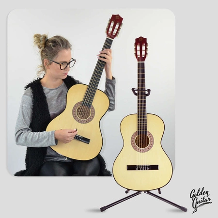 Zestaw: Gitara klasyczna 4/4 38" kolor naturalny GK38NAT Golden Guitar+ pokrowiec+ tuner+ struny+ kostki+ statyw podłogowy