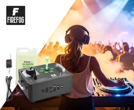 Zestaw: Wytwornica dymu pionowego z LED RGB 1200W Goliath1200LED DMX pilot /Firefog + płyn 5L