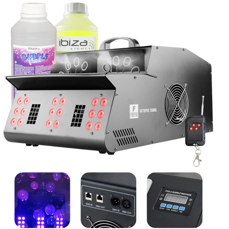 Zestaw: Wytwornica baniek i dymu z efektem LED Octopus 1500BL DMX pilot Firefog + płyn do dymu i baniek 2x 1L