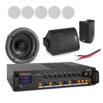 Profesjonalny system głośników sufitowych 6 x 5.25" FCS5 z wzmacniaczem 4 strefowym oraz strefą zewnętrzną