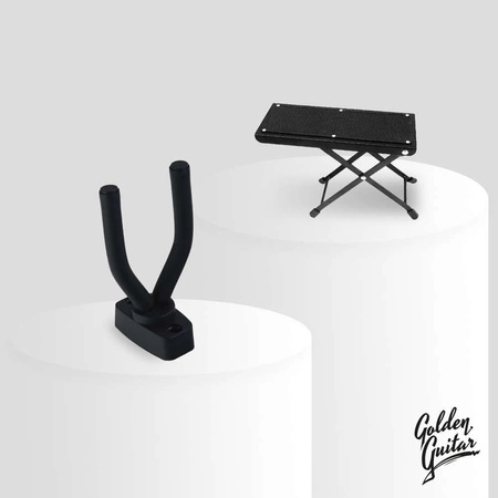 Zestaw: Gitara klasyczna 39" 4/4 czarna+ akcesoria+ 2x statyw+ podnóżek gitarowy Golden Guitar