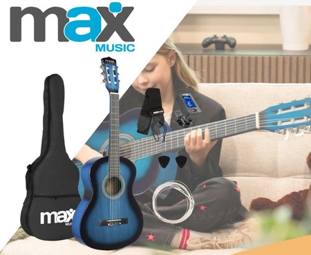 Gitara klasyczna 3/4 dla dziecka młodzieżowa SoloArt Max niebieska+ akcesoria