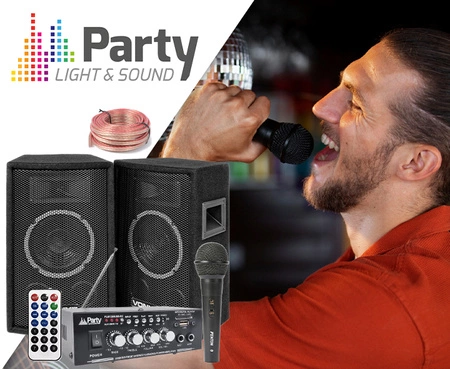 Zestaw karaoke: wzmacniacz karaoke 2x 25W+ dwie kolumny pasywne 6''+ mikrofon+ okablowanie