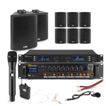 Zestaw czarnych głośników naściennych 8 x 6.5" BC65V z wzmacniaczem wielostrefowym oraz bezprzewodowym zestawem mikrofonowym