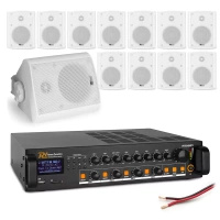 Zestaw białych głośników naściennych 12 x 4" BC40V z wzmacniaczem 4 strefowym