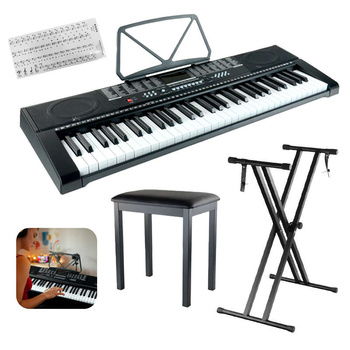 Zestaw: Keyboard 61 klawiszy bateryjno-sieciowy+ podwójny statyw pod keyboard+ ławka+ naklejki na klawisze