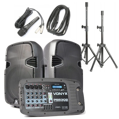 Zestaw nagłośnieniowy 300W 2x kolumna 10'' mikser mikrofon statywy Vonyx