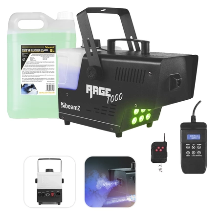 Zestaw: Wytwornica dymu LED 1000W Rage1000LED+ płyn do dymu 5L BeamZ