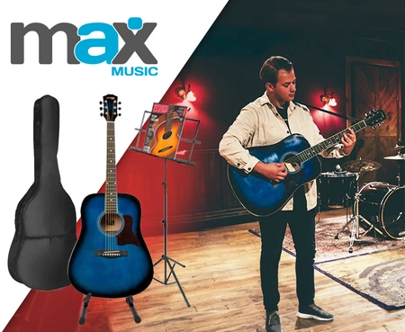 Zestaw: Gitara akustyczna Max Solojam Western niebieska MAX +akcesoria, statyw i pulpit na nuty