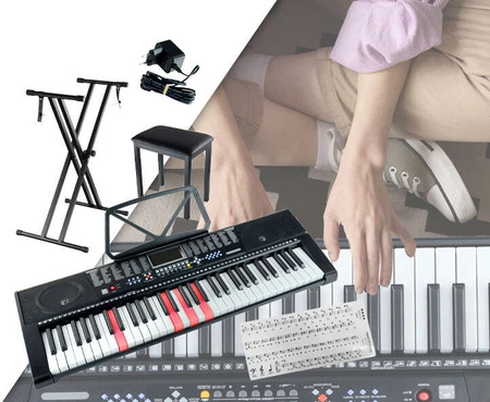 Zestaw: Keyboard 61 podświetlanych klawiszy+ podwójny statyw pod keyboard+ ławka+ naklejki na klawisze