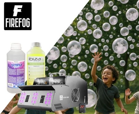 Zestaw: Wytwornica baniek i dymu z efektem LED Octopus 1500BL DMX pilot Firefog + płyn do dymu i baniek 2x 1L