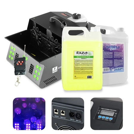 Zestaw: Wytwornica baniek i dymu z efektem LED Octopus 1500BL DMX  pilot Firefog + płyn do dymu i baniek 2x  5L