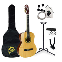 Zestaw: Gitara klasyczna naturalna 4/4 39" Golden Guitar+ pokrowiec tuner struny kostki+ 2x statyw+ podnóżek