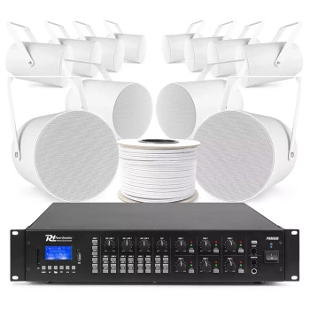 Zestaw białych głośników tubowych 12 x 6.5" PSP6 z 6 strefowym wzmacniaczem matrycowym