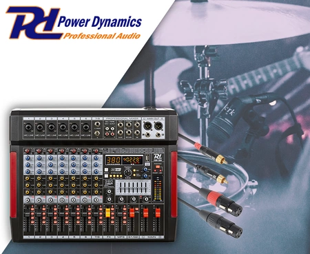 Mikser sceniczny 8-kanałowy DSP MP3 PDM-T804 Power Dynamics+ Kabel 2x XLR żeński-2x RCA męski 3.0m