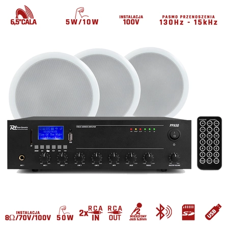 Zestaw instalacyjny 100V, głośnik sufitowy, wzmacniacz, okablowanie Power Dynamics