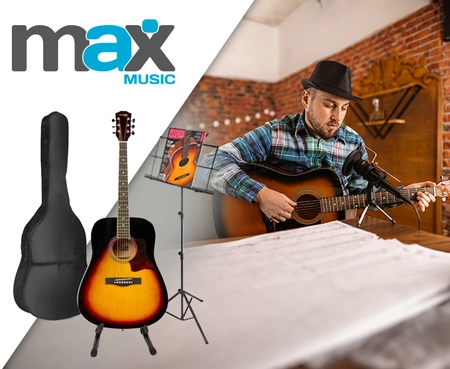 Zestaw: Gitara akustyczna Max Solojam Western sunbarst Max, + statyw, pulpit na nuty i akcesoria