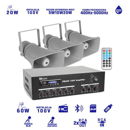 Zestaw 3x głośnik tubowy 100V IP66 + wzmacniacz