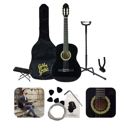 Zestaw: Gitara klasyczna 4/4 39" kolor czarny GKS39CZ Golden Guitar+ pokrowiec tuner struny kostki+ 2x statyw+ podnóżek
