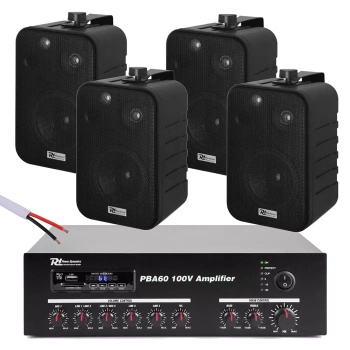 Zestaw czarnych głośników do muzyki w tle 4 x 4" BV40B 100V z wzmacniaczem bluetooth