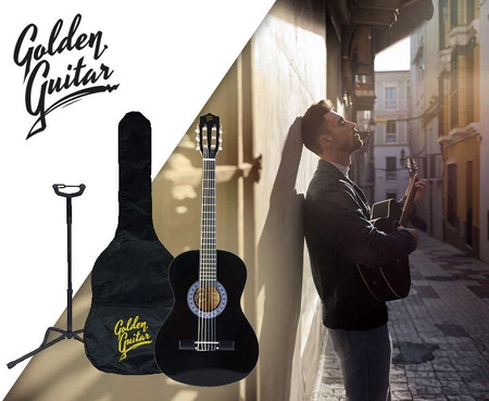 Zestaw: Gitara klasyczna 4/4 38" kolor czarny GK38CZ Golden Guitar+ pokrowiec+ tuner+ struny+ kostki+ statyw podłogowy