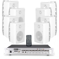 Zestaw białych głośników naściennych 8x 4'' z 2-strefowym  wzmacniaczem