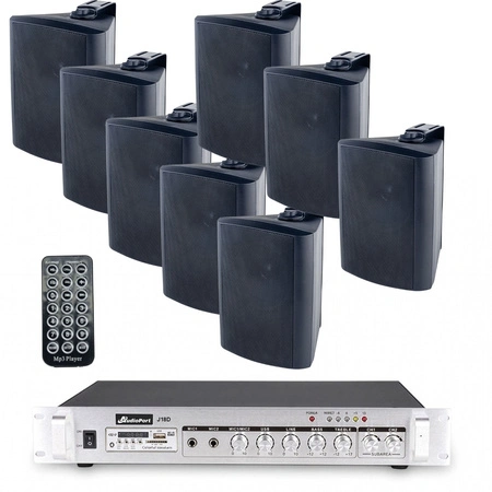 Zestaw czarnych głośników naściennych 8x 4'' ze wzmacniaczem