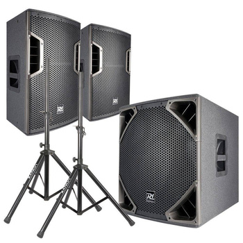 Zestaw nagłośnieniowy 2600W  2x kolumna aktywna 12'' subwoofer 15'' statywy okablowanie