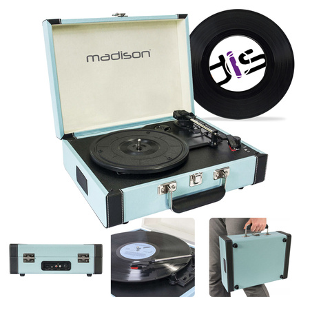 Gramofon w walizce MAD-RETROCASE-BLU Madison BT USB SD niebieski+ winyl gratis