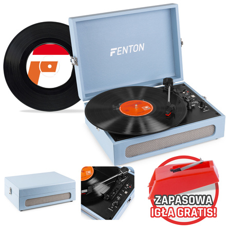 Gramofon w walizce RP118E Fenton wejście/wyjście BT niebieski+ winyl+ zapasowa igła Gratis