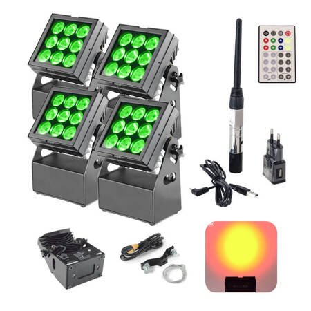 Zestaw: 4x Reflektor akumulatorowy zewnętrzny 9x 6W RGB LED + pilot bezprzewodowy+ transmiter DMX bezprzewodowy