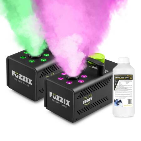 Zestaw DJ: 2x Wytwornica dymu pionowego 6 diod LED RGB F506V Fuzzix+ płyn do dymu 1l