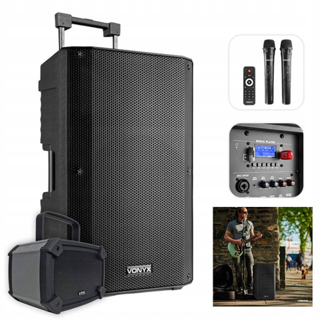 Zestaw: Kolumna mobilna VSA500 12" 800W BT Vonyx+ Boombox bluetooth 2x3W USB IP44 akumulator