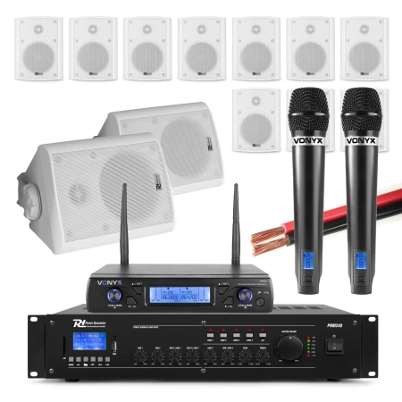 Zestaw białych głośników naściennych 12 x 4" BC40V  z zestawem mikrofonów bezprzewodowych