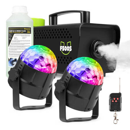 Zestaw imprezowy Wytwornica dymu Fuzzix+ płyn 250 ml gratis+ płyn 1l+ 2x półkula LED