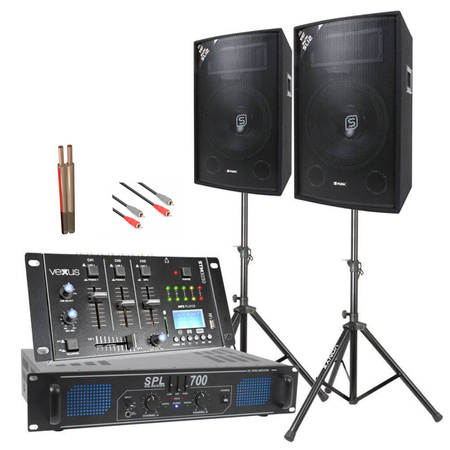 Zestaw nagłośnieniowy DJ 1200W 2x kolumna 12'' wzmacniacz statywy